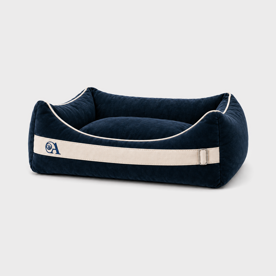 Dogfather blu, cuccia Aurea Pet con fascia ricamata e fibbia