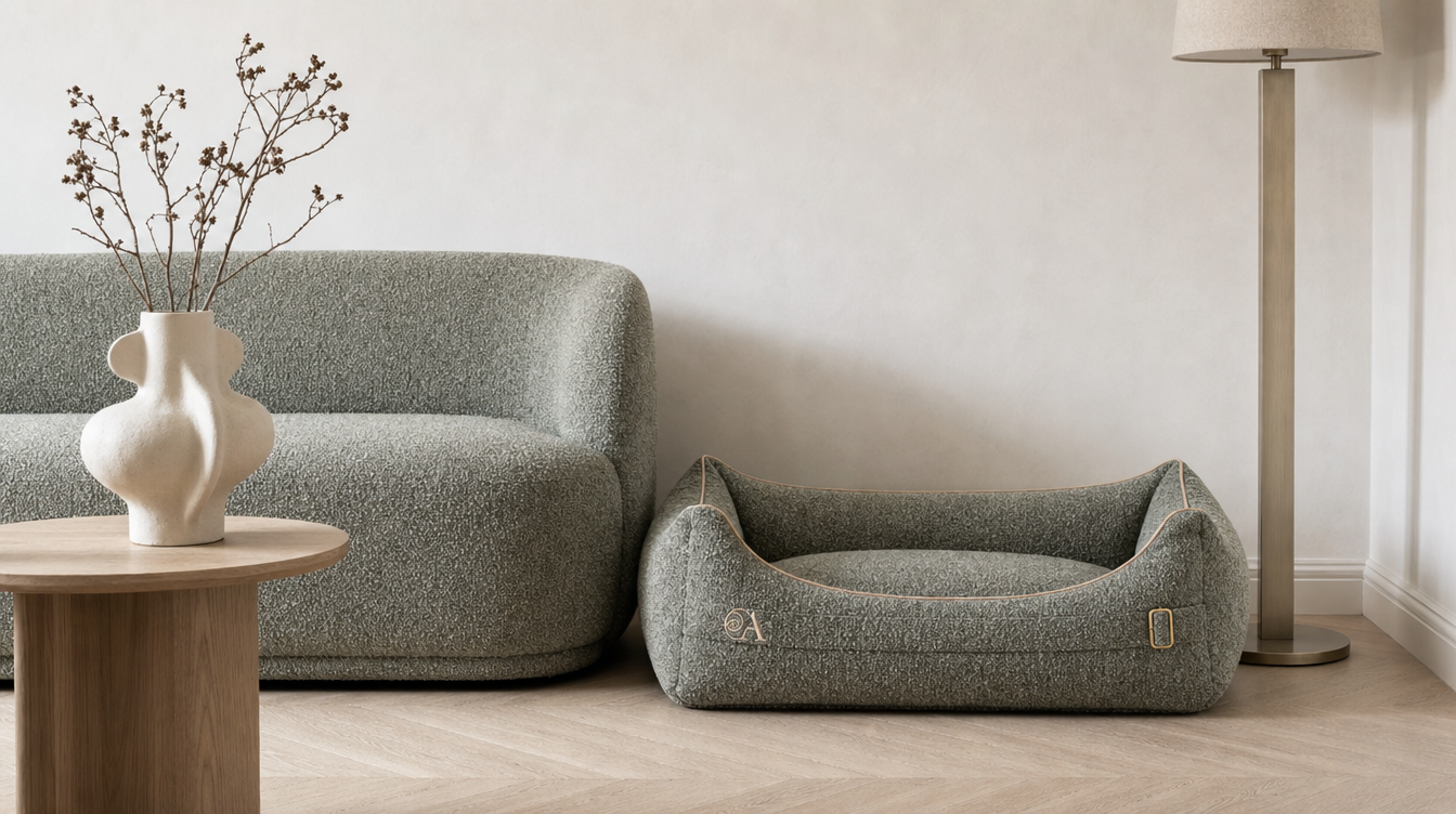 A pet bed and a sofa woven from the very same sage boucle cloth